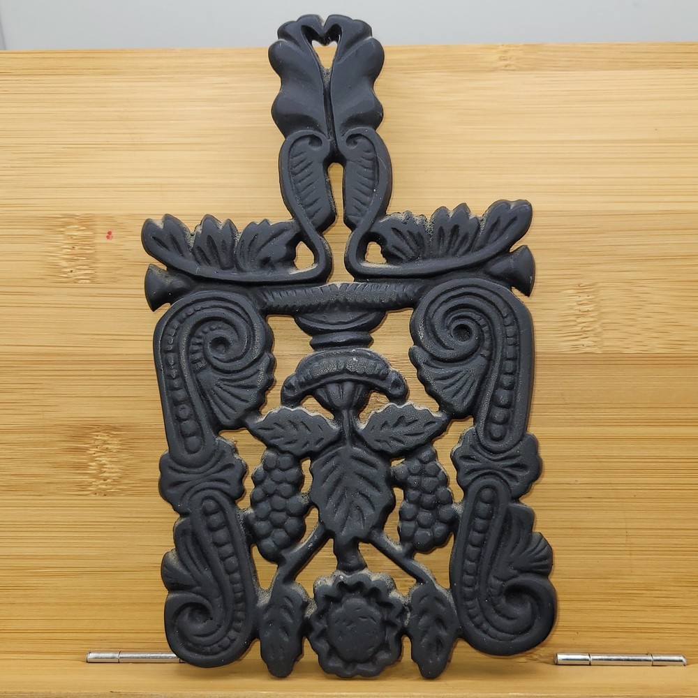 Footed (4) Cast Iron Trivet Wilton Grapes Scroll work 7”X4” vintage EUC