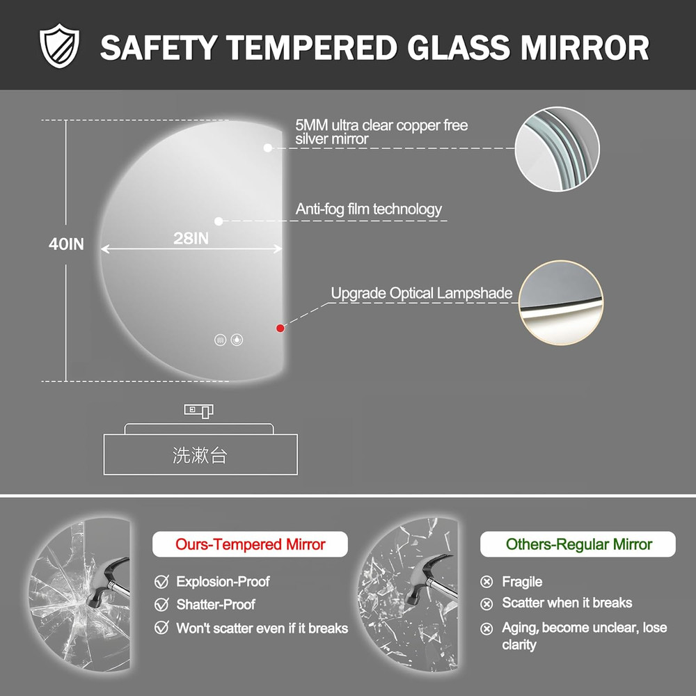 Led Mirror for Bathroom, 40"×28" Half Moon round Backlit Lighted Vanity Mirro...