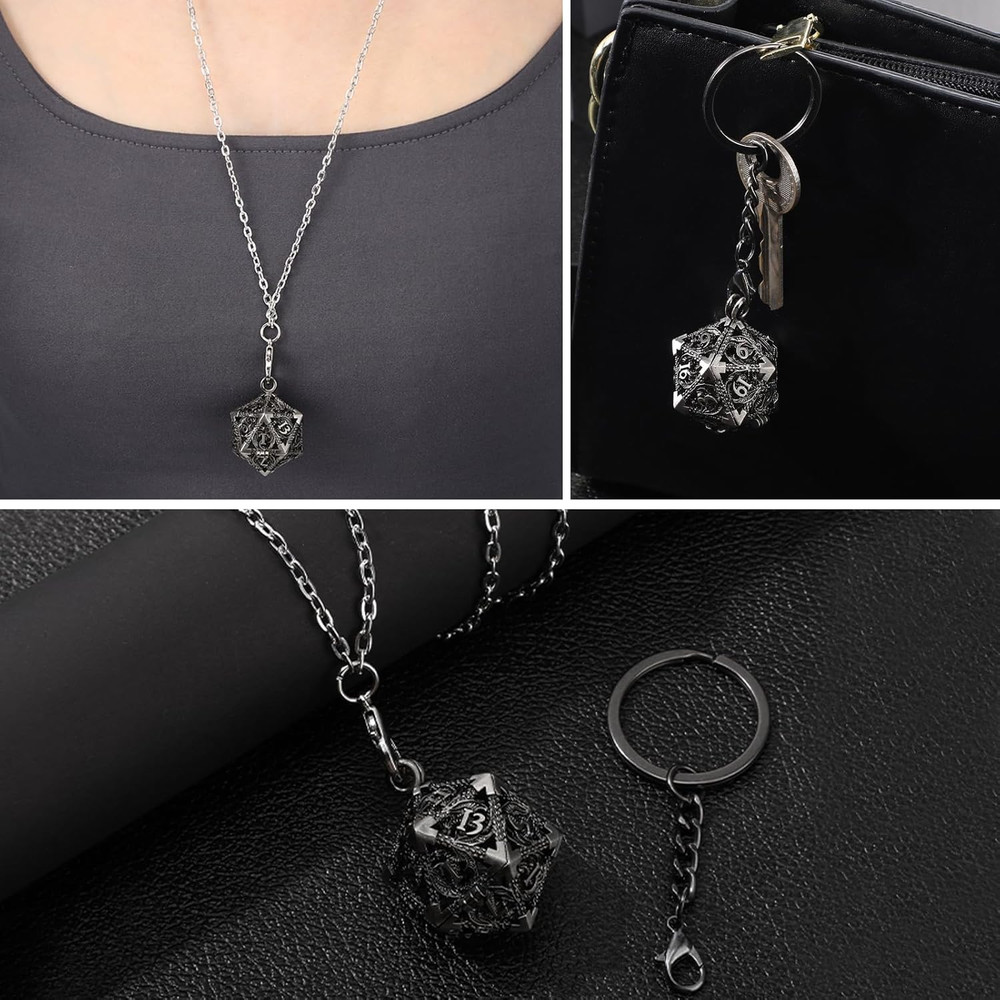 Mini Metal Dice Set 7 Pcs with D20 Necklace Case Keychain RPG Tiny Dice Silver