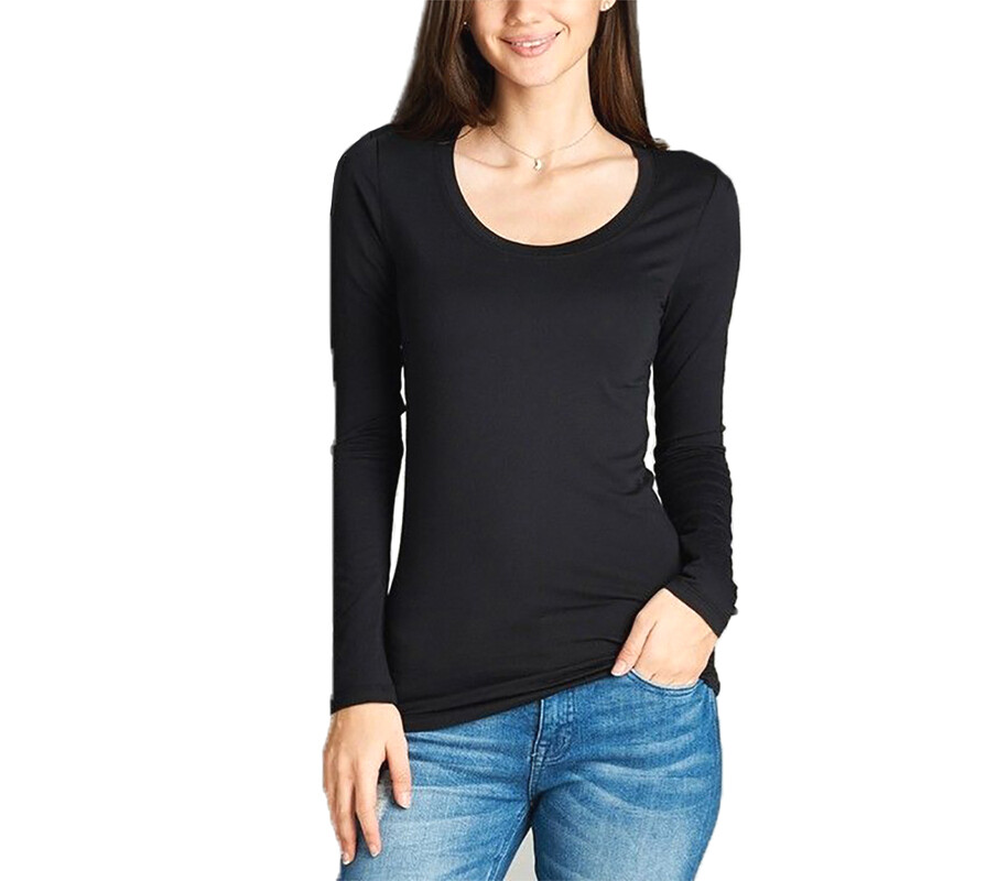 Women's Basic T-Shirt Scoop Neck Cotton Long Sleeve Solid Knit Plain Top Fitted