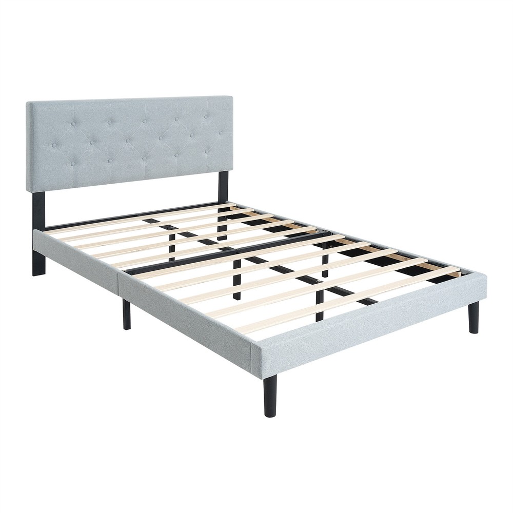 Queen Size Upholstered Platform Bed Frame w/ Headboard Light Gray/Dark Gray/Pink
