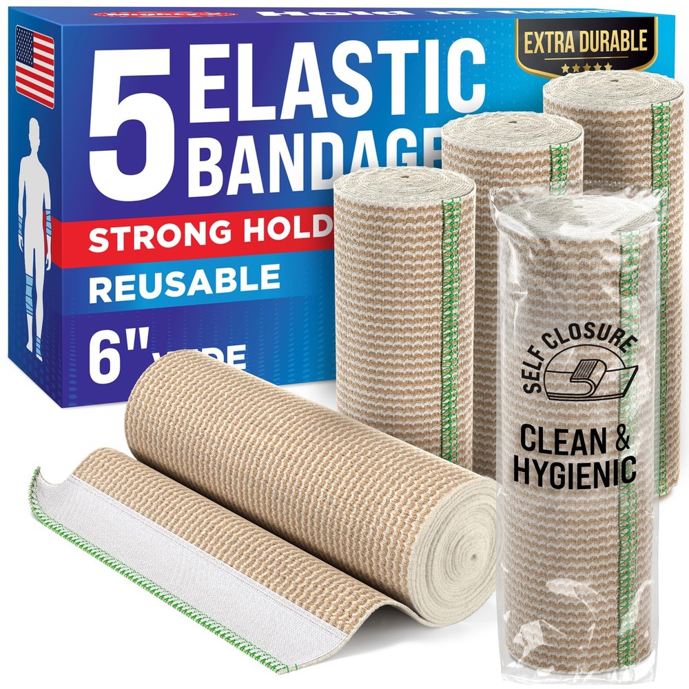 Premium Elastic Bandage Wrap - 6” (5pk) - Strong Compression - 5 Pack, Beige
