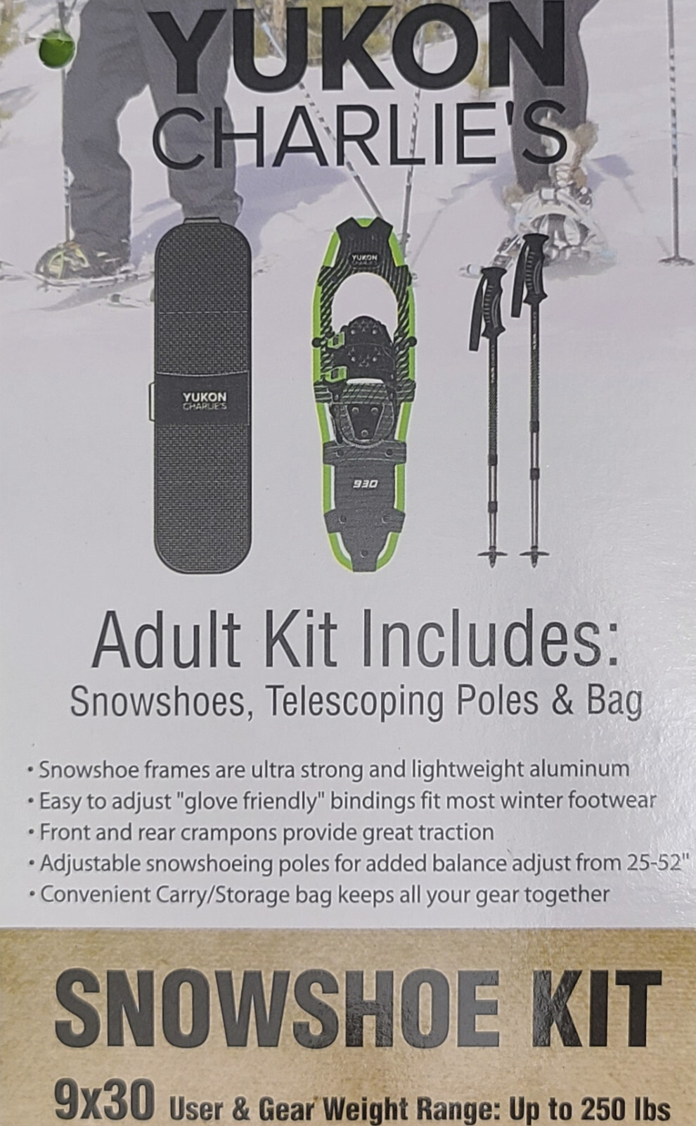 YUKON CHARLIE'S 930 Adult Snowshoe Kit w/ Poles, Bag GREEN L Up to 250lbs (480)