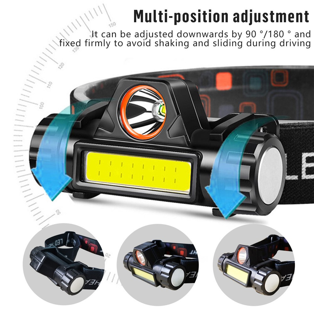 2 PACK LED COB Headlamp Waterproof USB Rechargeable Head Torch Headlight 2 Modes