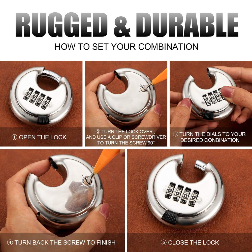 Round Combination Lock, Uncuttable Combination Disc Padlock, 3/8 Inch Shackle...