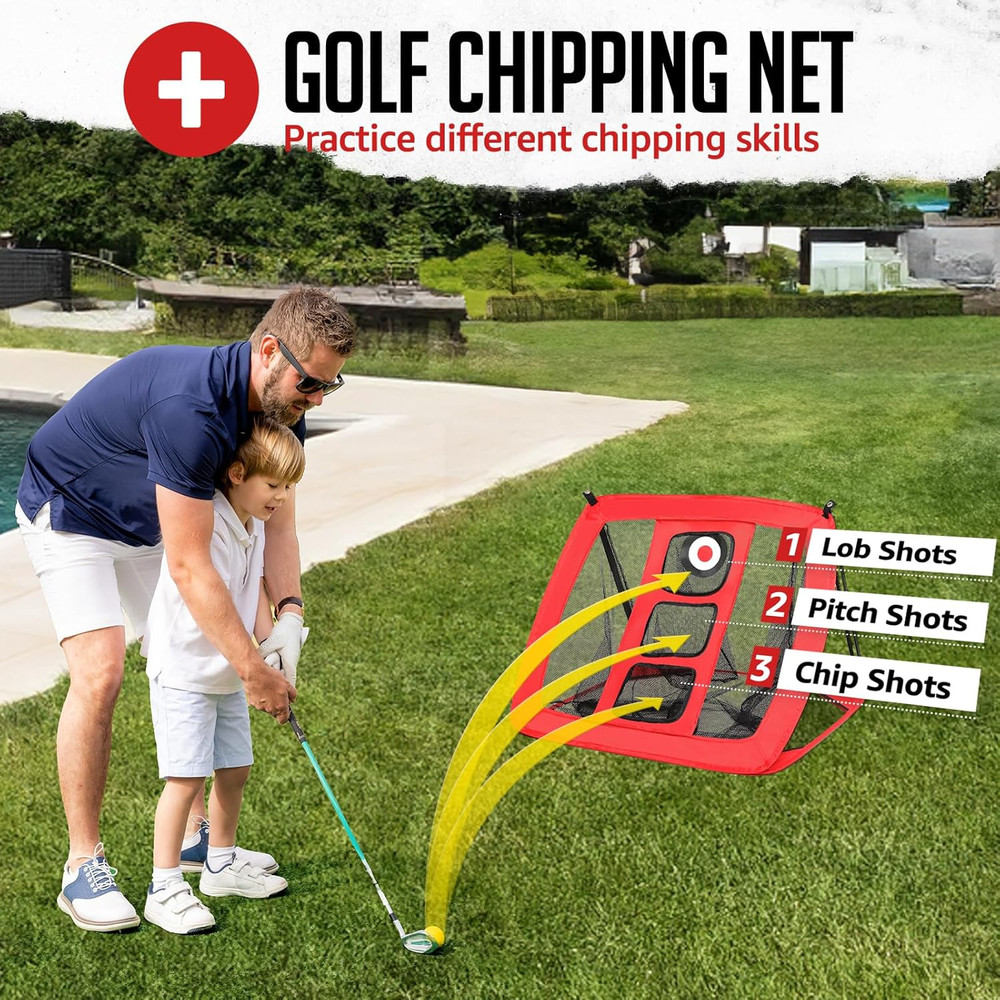 Golf Net, 10X7Ft Practice Net with Chipping Net, Foldable Mat, Silk Target, 8 Te