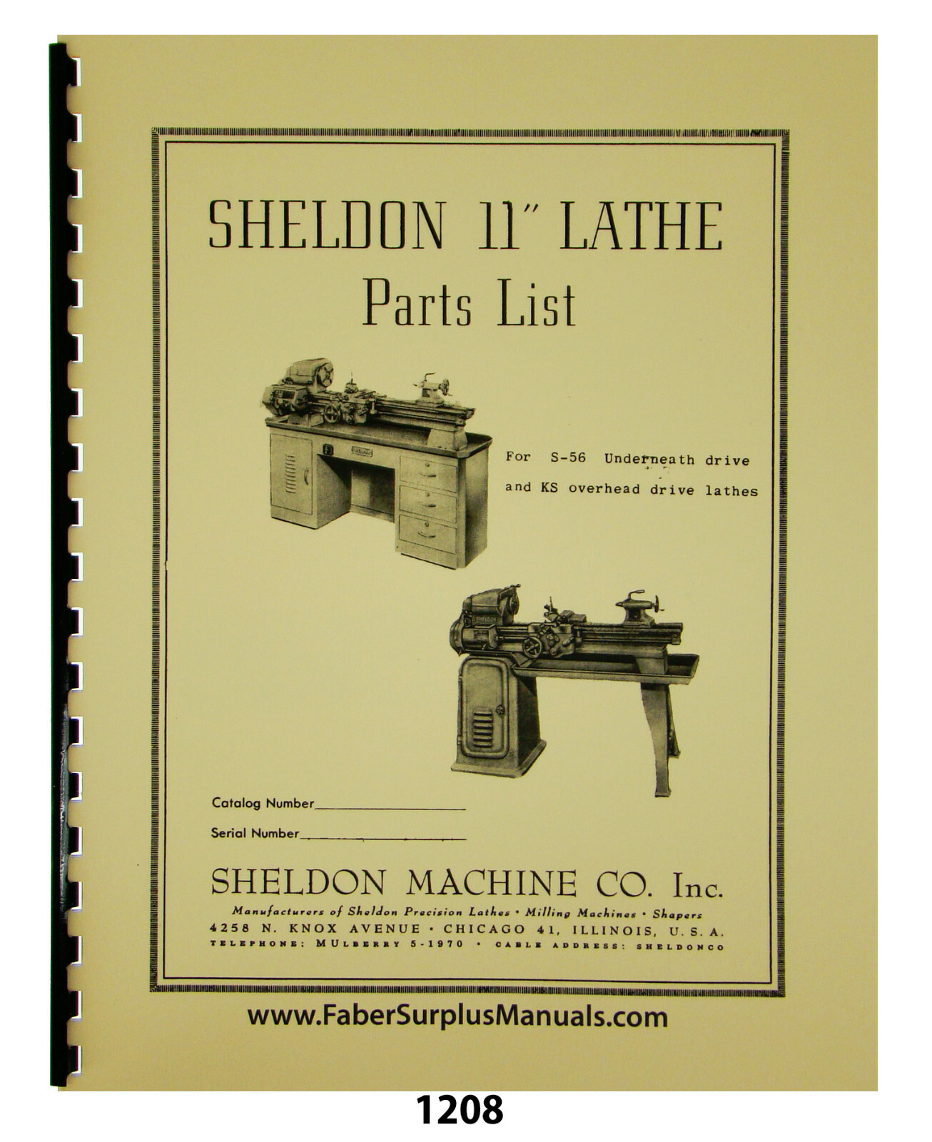 Sheldon 11" Lathe Models S-56 & KS Replacement Parts List Manual #1208