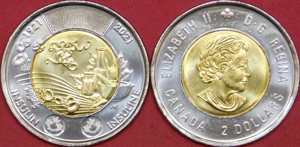 Brilliant Uncirculated 2021 Canada Insulin Plain 2 Dollars From Mint's Roll