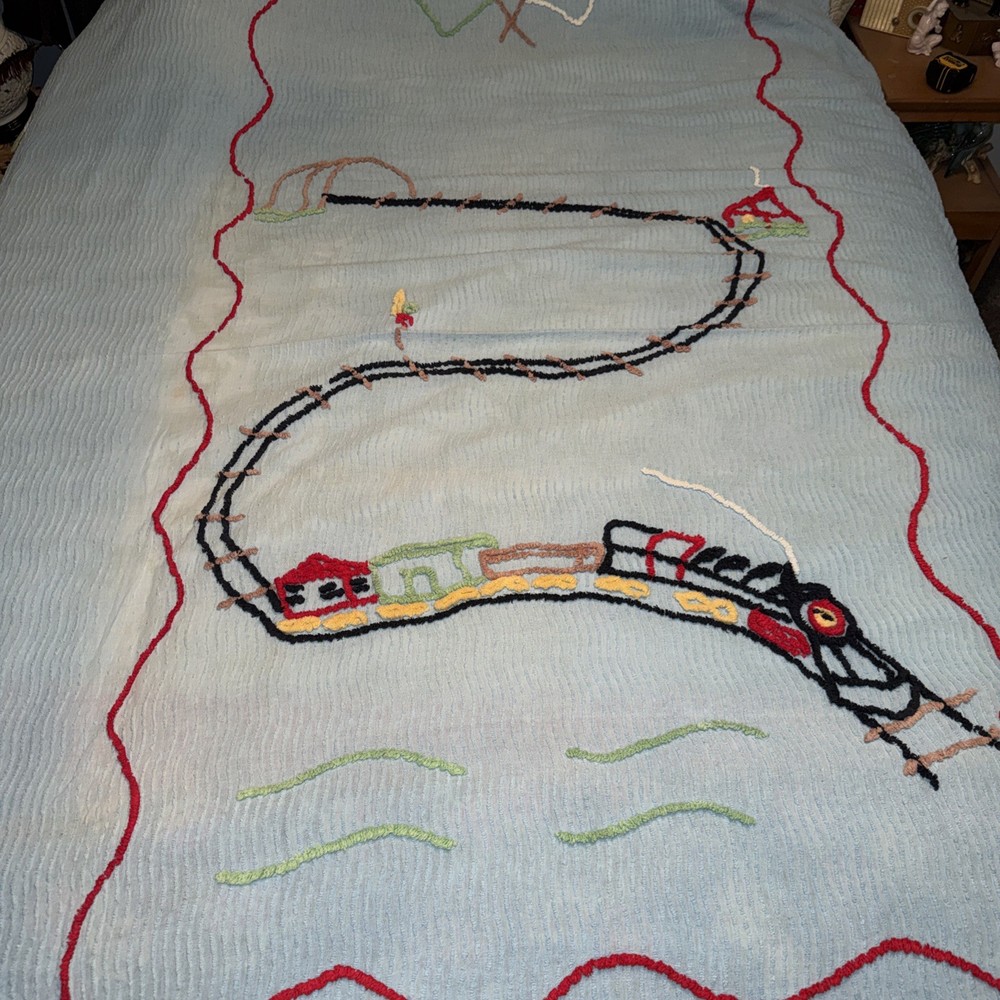RARE chenille Train Bedspread 72x98