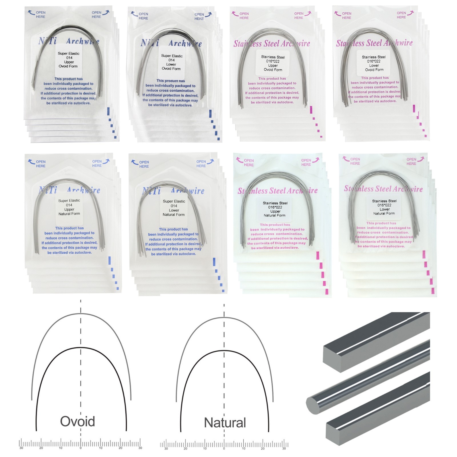 Orthodontic Arch Wire Niti Stainless Steel Round Rectangular Ovoid Natural Form