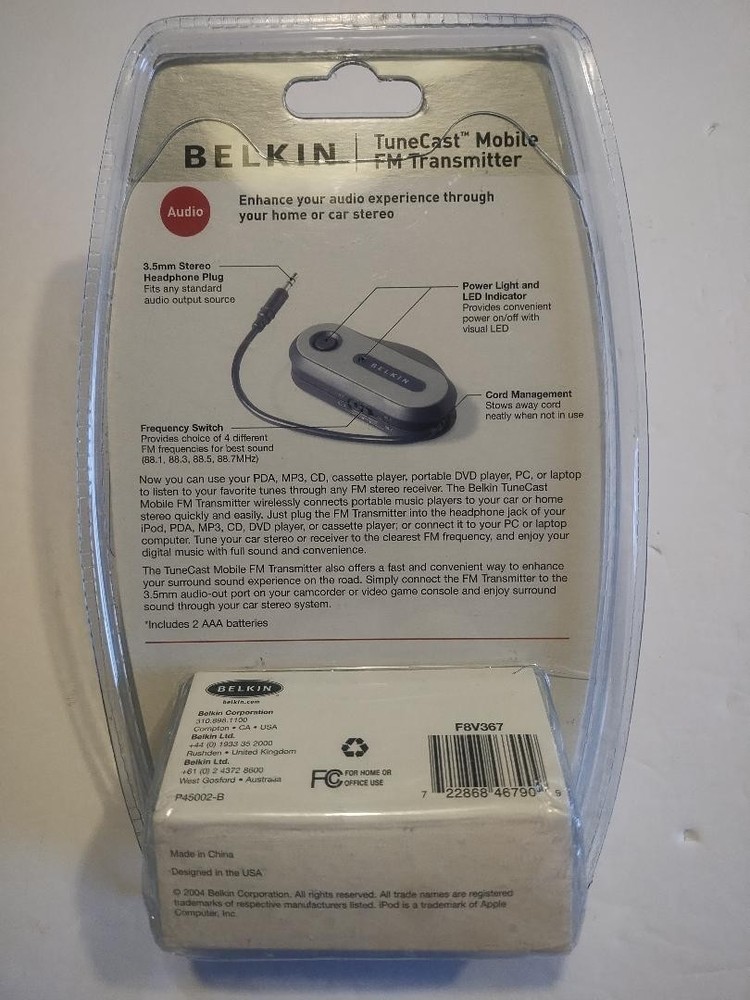 Belkin TuneCast Mobile FM Transmitter F8V367 for iPod iPhone MP3 Player Sealed