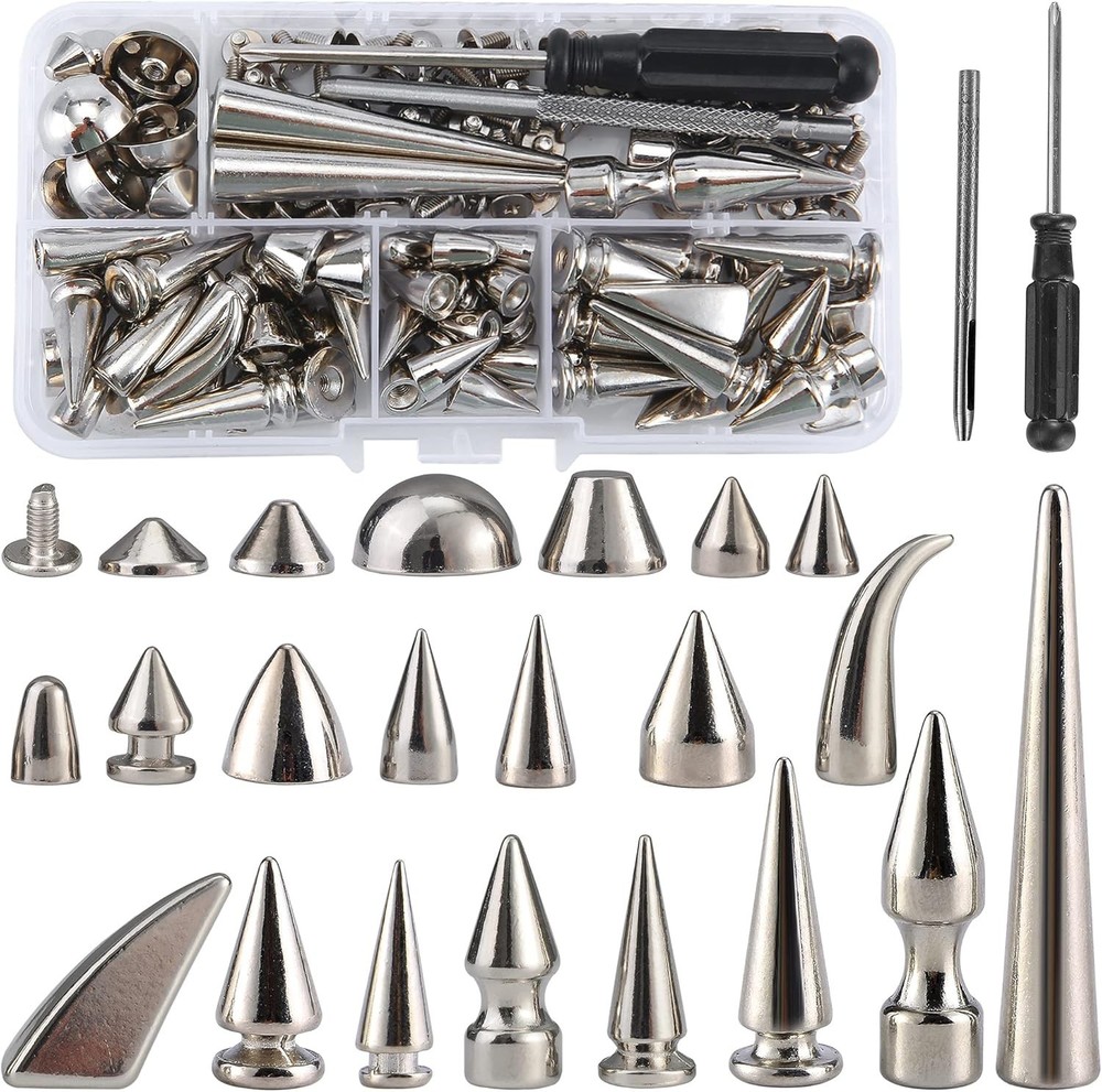 80 Sets Mixed Shape Spikes and Studs Assorted Sizes Silver Color Screw Back B...