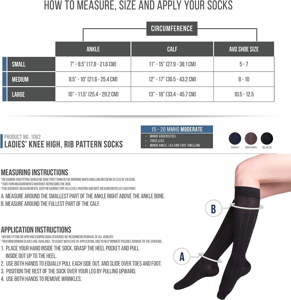 TOUCH Combed Cotton Ribbed Knee High Compression Socks 15-20mmHg (Black) Small