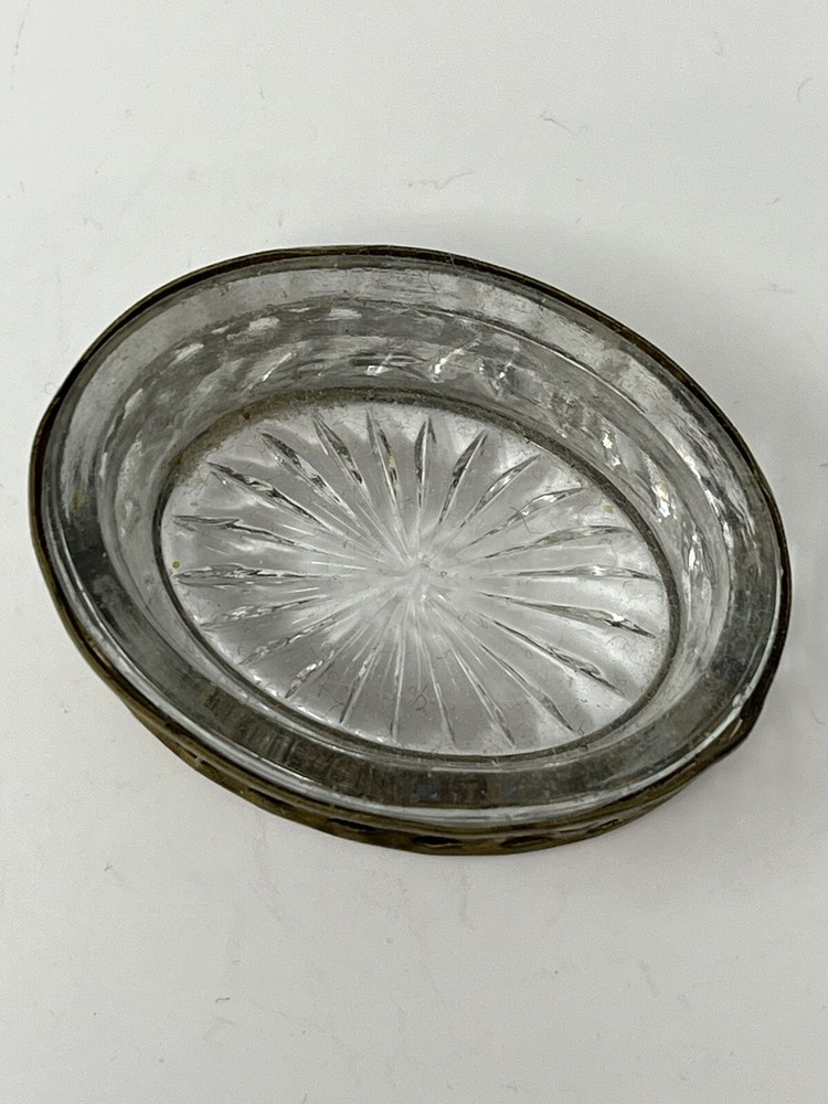 Vintage Open Salt Cellar Dip Dish Openwork Metal Work With Glass Insert Oval