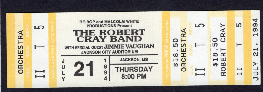 1994 Robert Cray Band Jimmie Vaughan unused full concert ticket Jackson MS