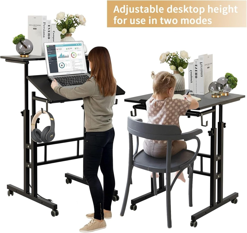 Mobile Adjustable Height Standing Desk with Wheels – Ergonomic Black Workstation