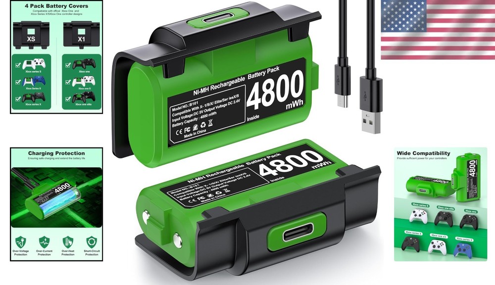 Eco-Friendly Rechargeable Xbox Controller Batteries - 2 Pack with Type-C Charge