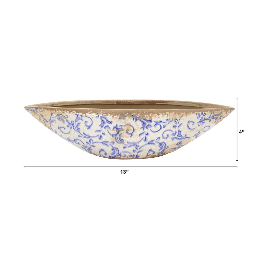 13" Tuscan Ceramic Blue Scroll Decorative Bowl White Traditional