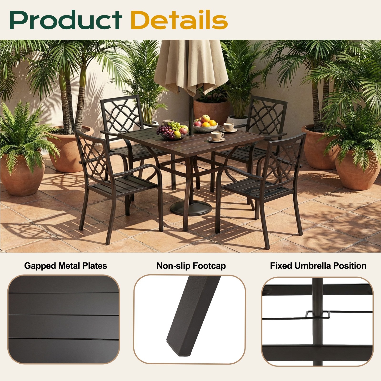 38" Square Metal Patio Table Outdoor Dining Table for 4 with 1.6" Umbrella Hole
