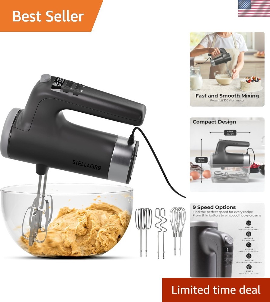 Powerful 350W Gray Hand Mixer with LED Timer & Versatile Attachments for Baking