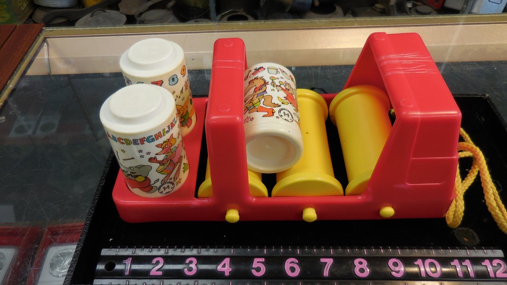 Vintage 80's Johnson & Johnson Red Truck Pull Toy, Rhythm Roller