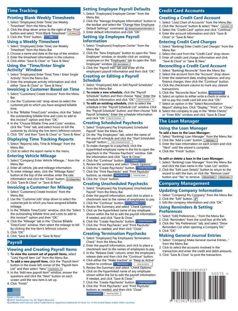 QuickBooks Pro 2020 Training Guide Quick Reference Card 4 Page Cheat Sheet