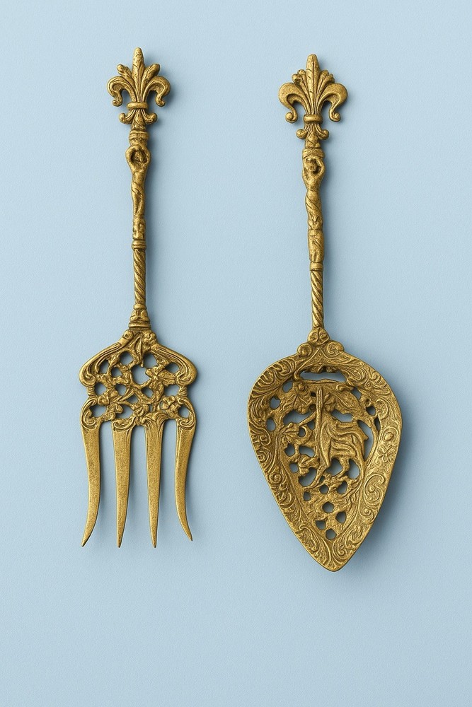 Bellini Italy 1950s Ornate Pierced Silverplated Serving Set Spoon Fork, 10”