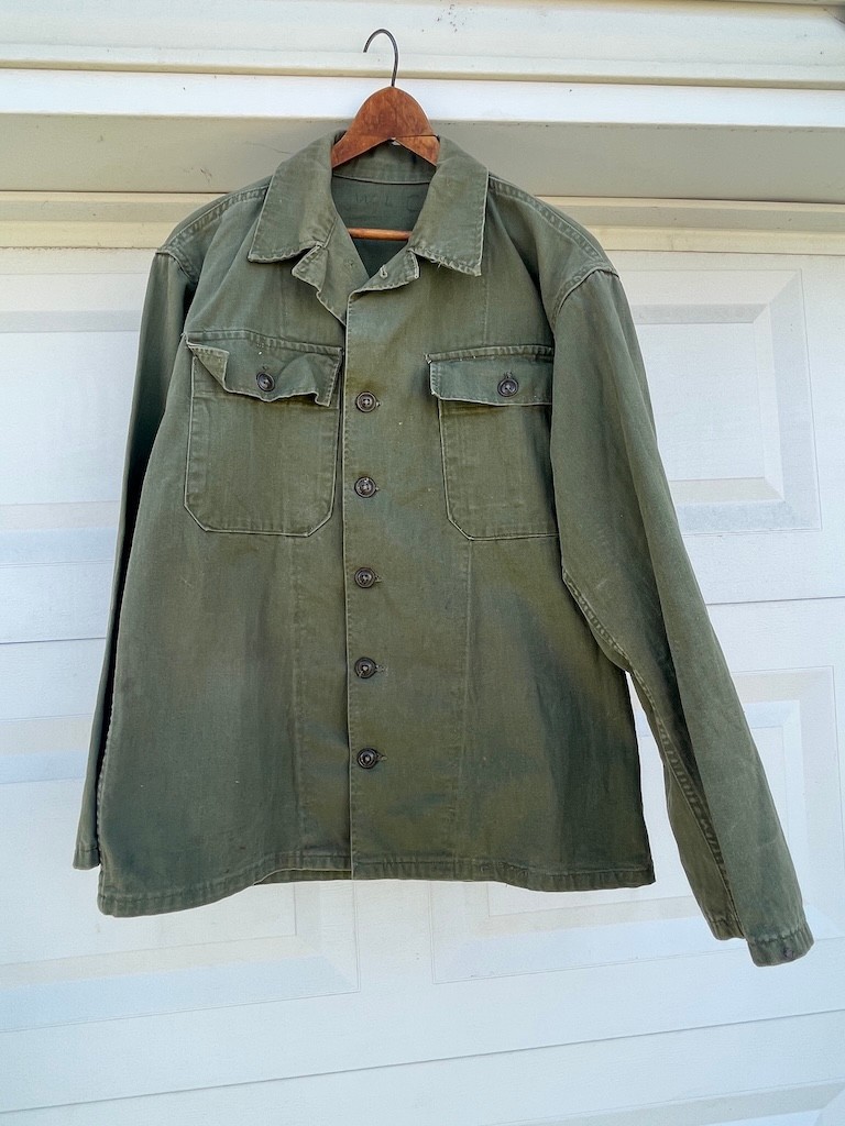 vtg WW2 US Military Army green button field shirt jacket HBT OG 107 Poplin WWII