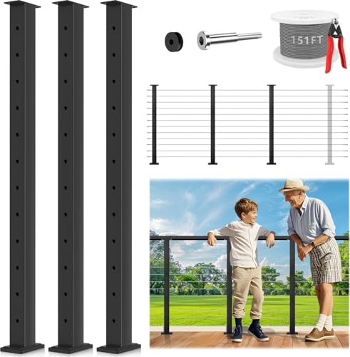 One-Stop Cable Railing Post Kits, 3 Pack Fixed Top 42" 1 3x Level Post Kits