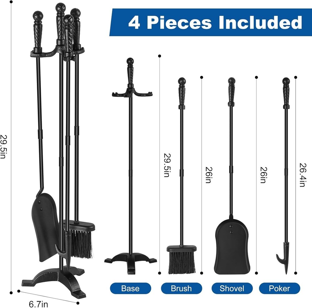 Durable Cast Iron Fire Tools with Stand - Complete Fireplace Tool Set for Homes