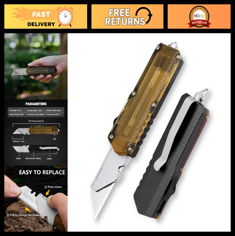 Retractable Aluminum Utility Knife, EDC Pocket Box Cutter, Replaceable Blades, 1