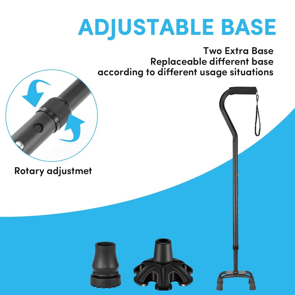 Adjustable Walking Cane, 4-Prong Base, Foldable, Foam Offset Handle, 3 Tips