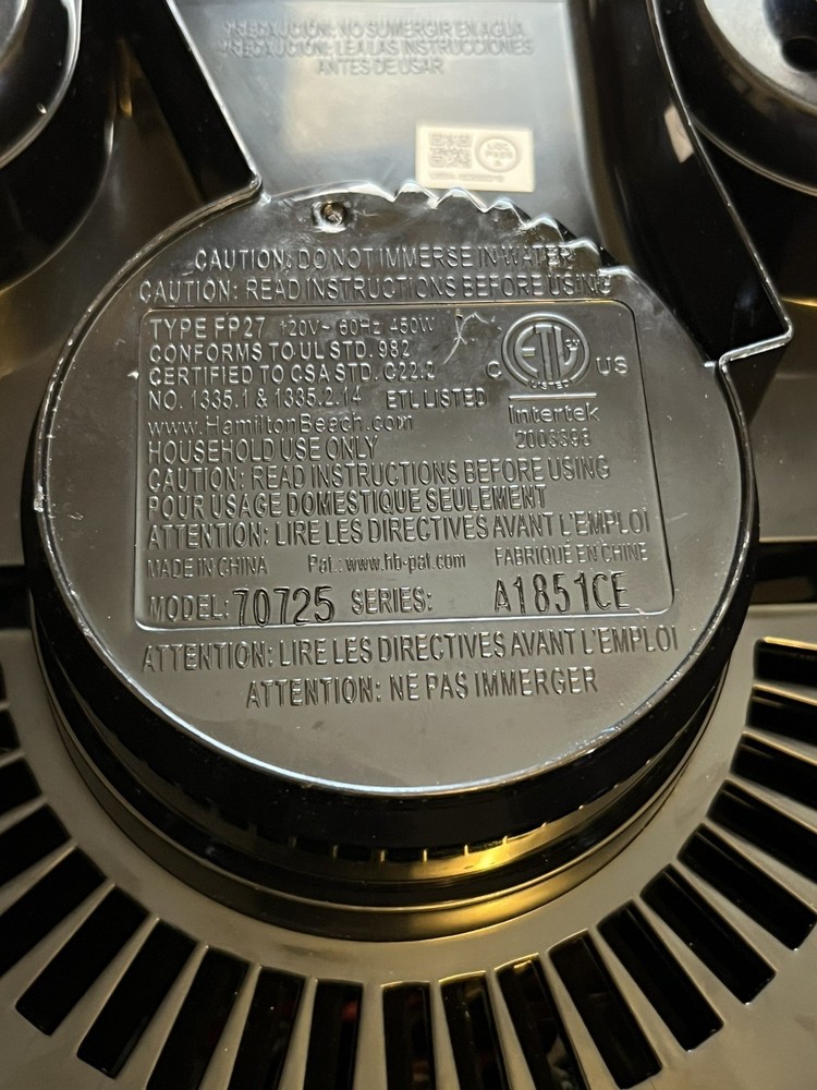 Hamilton Beach Food Processor Model 70725, Type FP27