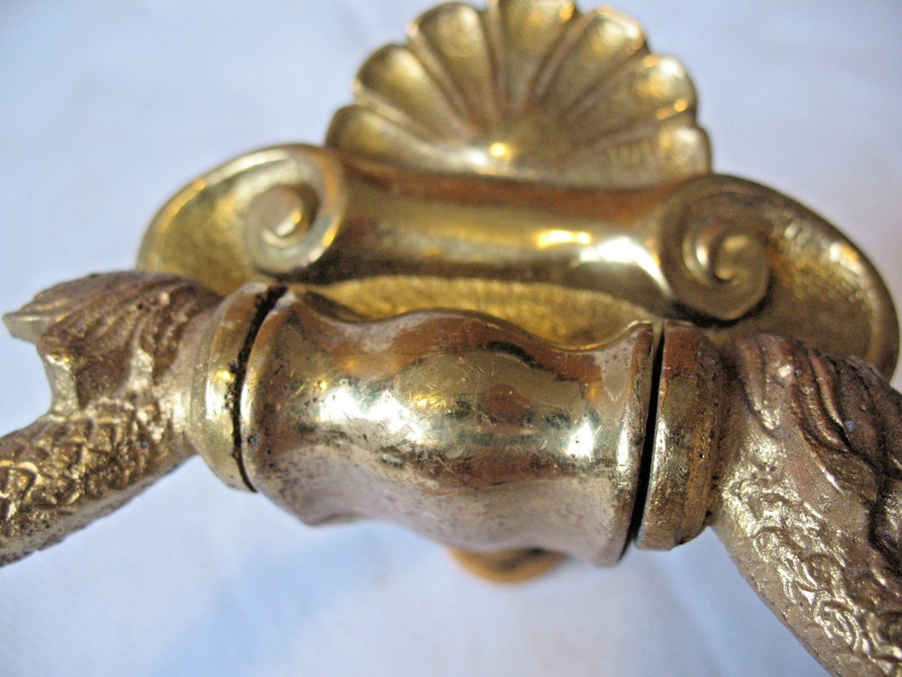 Old vintage solid Brass Stylised Dolphins & Sea Shell Door Knocker Pull Handle