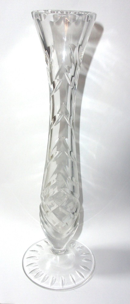 9.25" elegant clear pressed glass bud vase with flared rim & vining leaf pattern