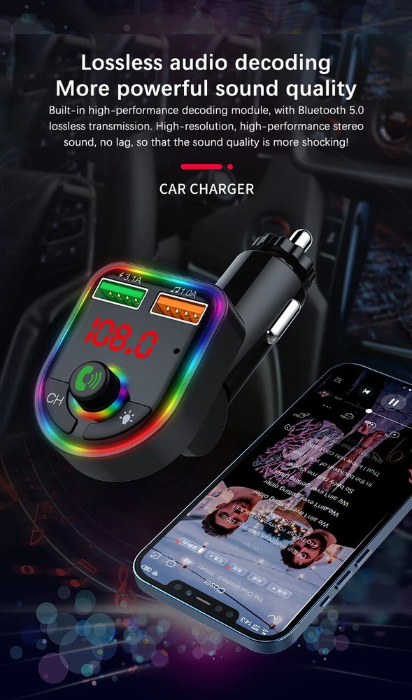 Car Bluetooth 5.3 FM Multifunction Adapter Dual USB Port Quick Charge Adapter