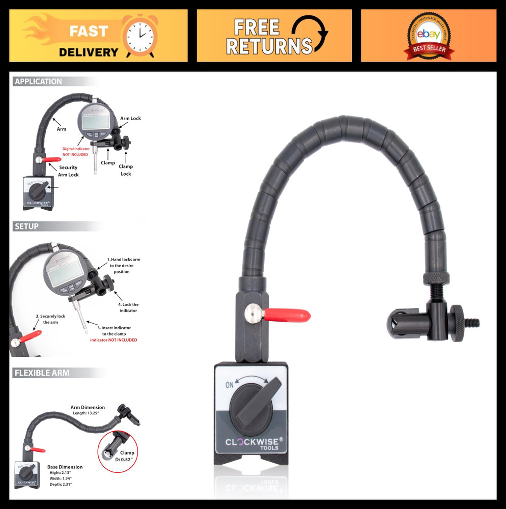 Magnetic Base Stand with Flexible Arm for Digital Dial Indicators - 176lbs Pull