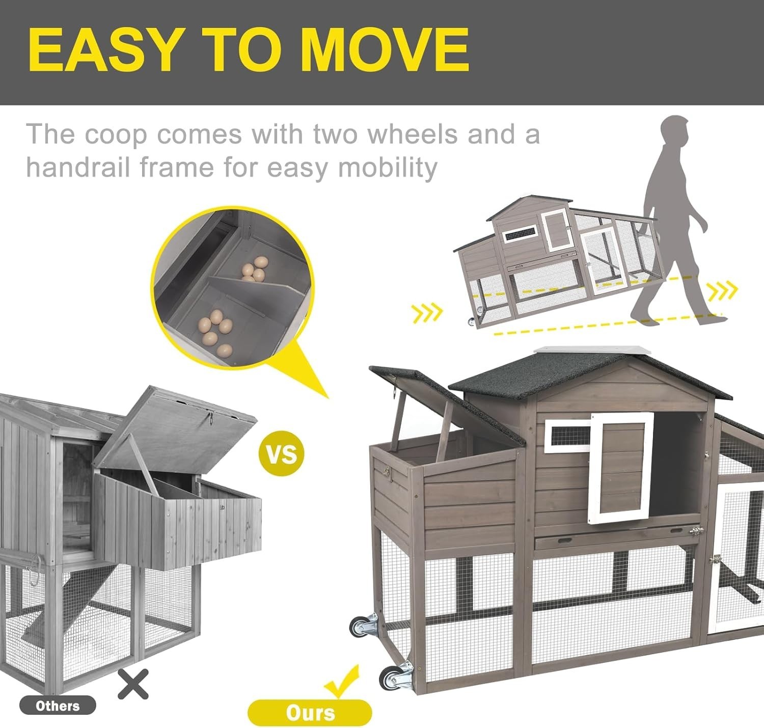 Large Wooden Chicken Coop with Wheels Outdoor Chicken Tractor Hen House with Run