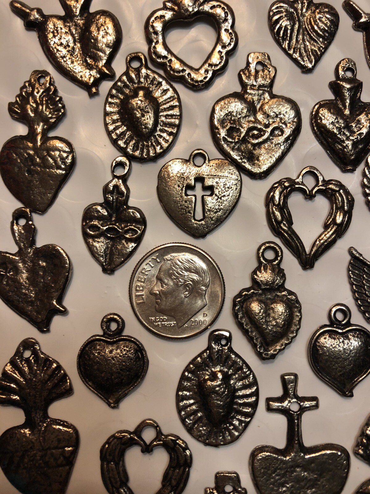 25 Milagro HEART Charms Mix Mexican Folk Art Dark Antique SILVER All HEARTS