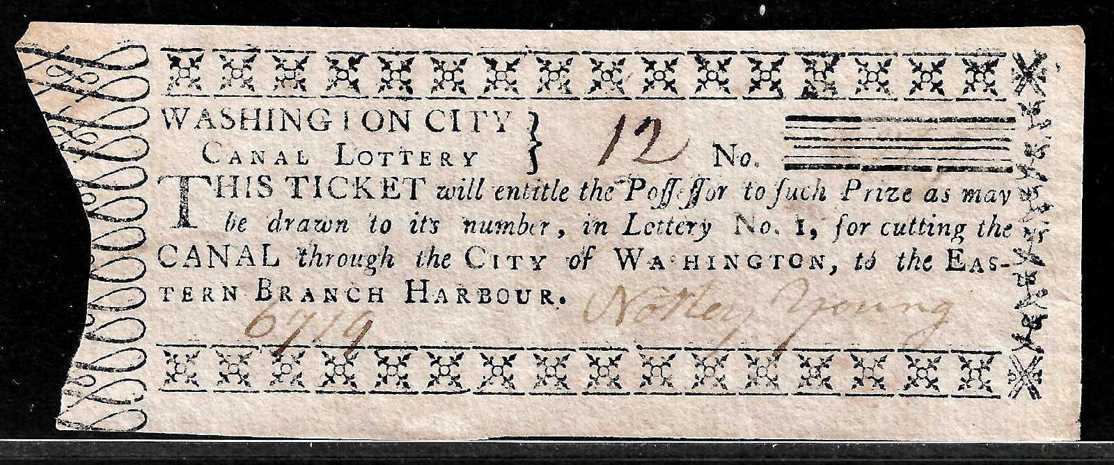 1795 Colonial Washington City District Of Columbia Canal Lottery #6719 UNC