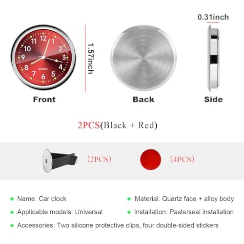 2 PCS Car Clock, Mini Luminous Pointer Clock Stick on Automotive Black+Red