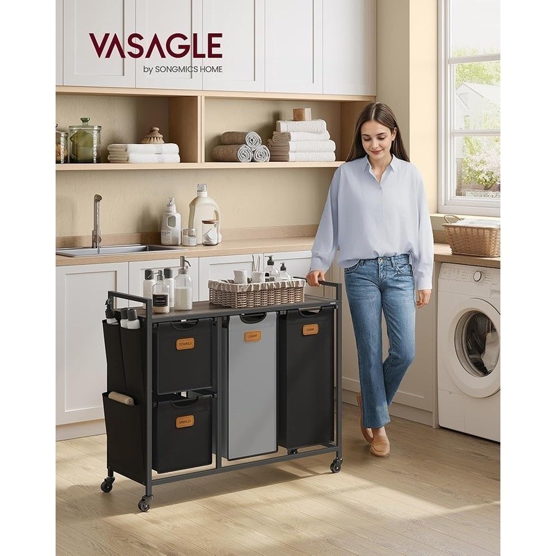 Spacious Mobile Laundry Cart W/ Removable Liners & Sorting Labels 4 Compartments