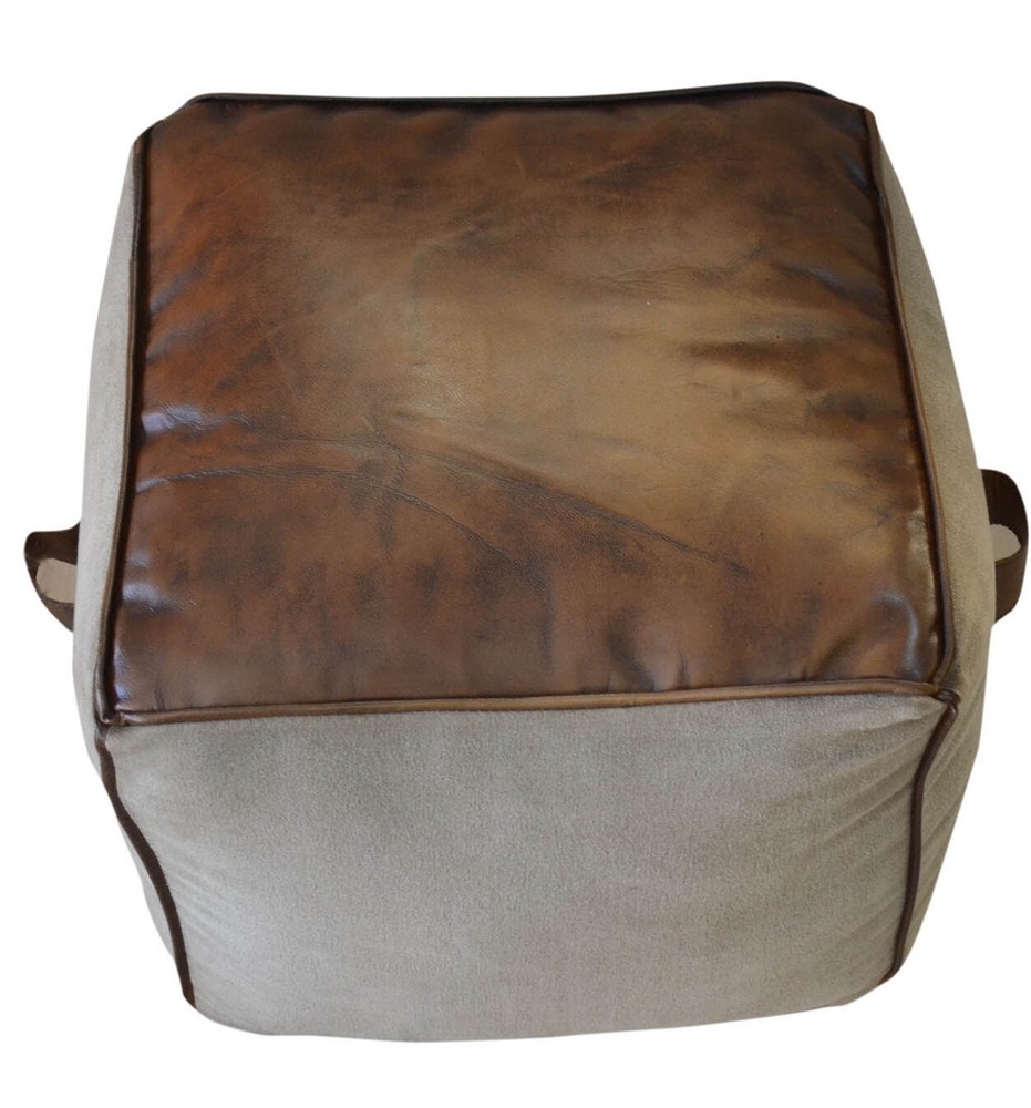 Rectangular Canvas Leather Pouf NARA with Leather Accents