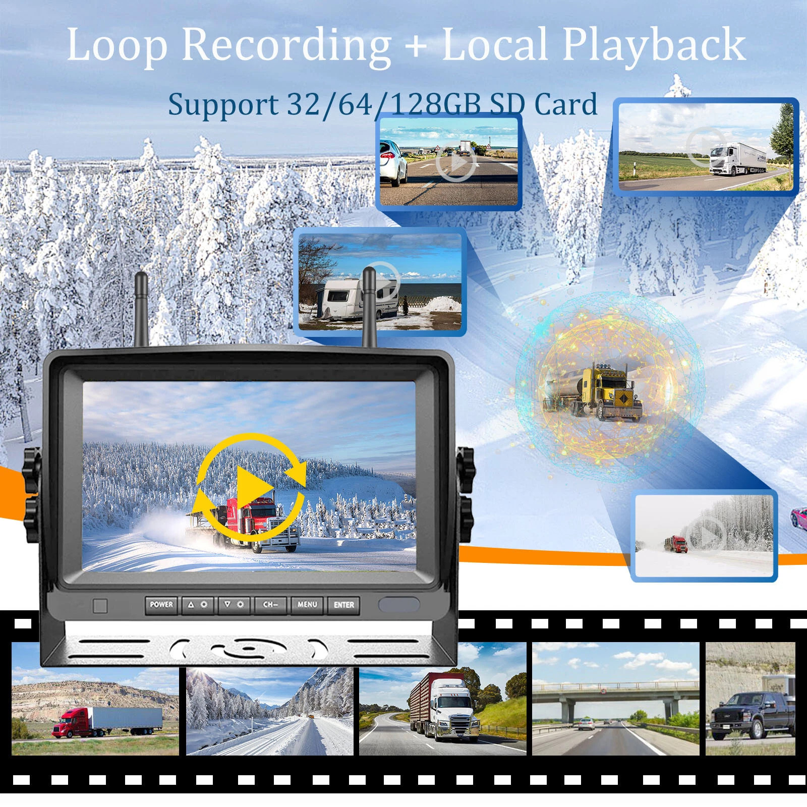 Wireless RV 4x 1080P Rear Side View Camera + 7" Monitor DVR Kit Truck Trailer