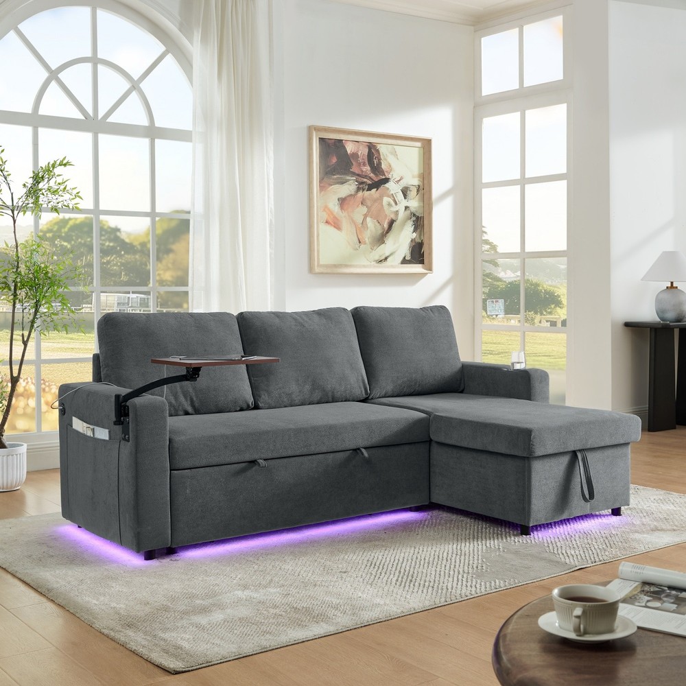 Convertible Sleeper Sofa Bed with Pull Out Bed & LED Lights & USB Charging Ports