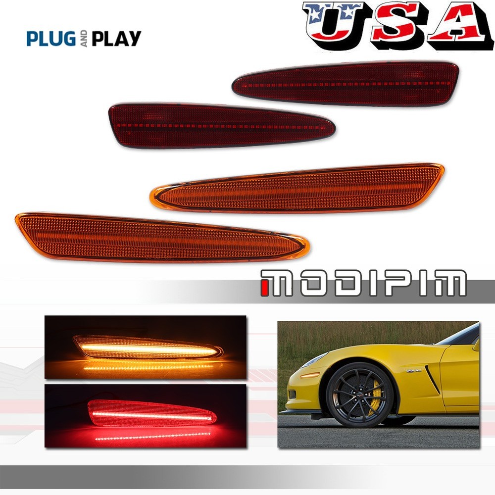 For Chevy Corvette C6 2005-13 Front & Rear LED Side Marker Lights Amber Red 4PCS