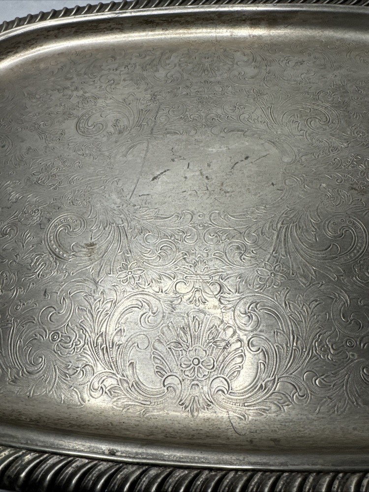 Leonard Silverplate Footed Serving Tray Ornate Engraved Floral Handles Rope Edge