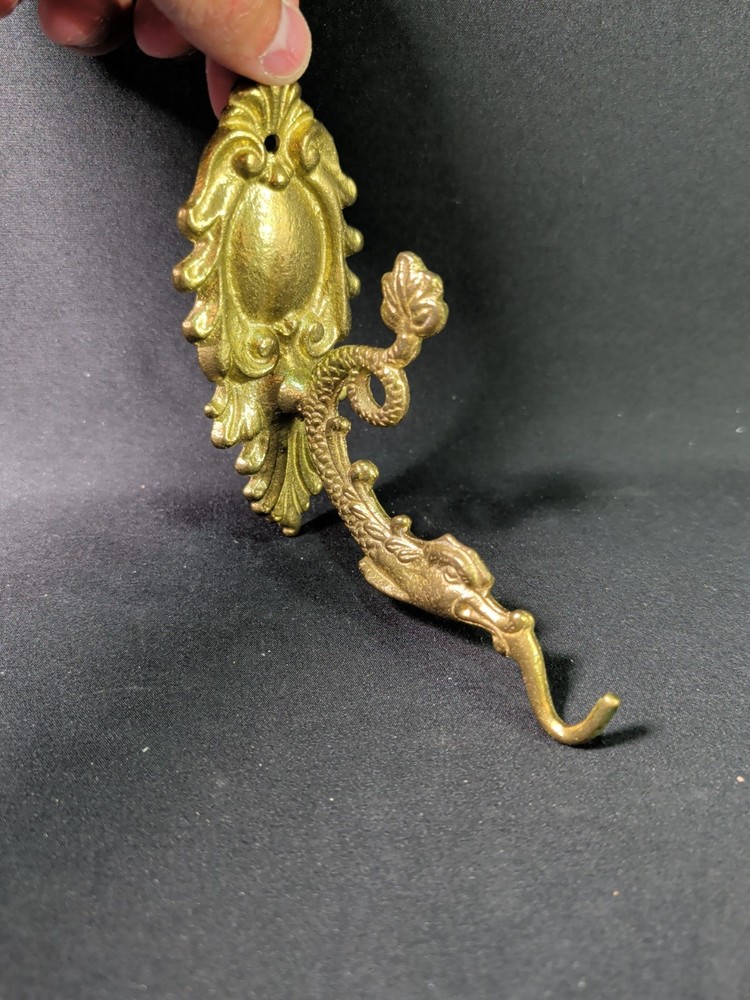 Vintage Ornate Solid Brass Planter Bracket Hook Fish Shaped Detailed Backplate