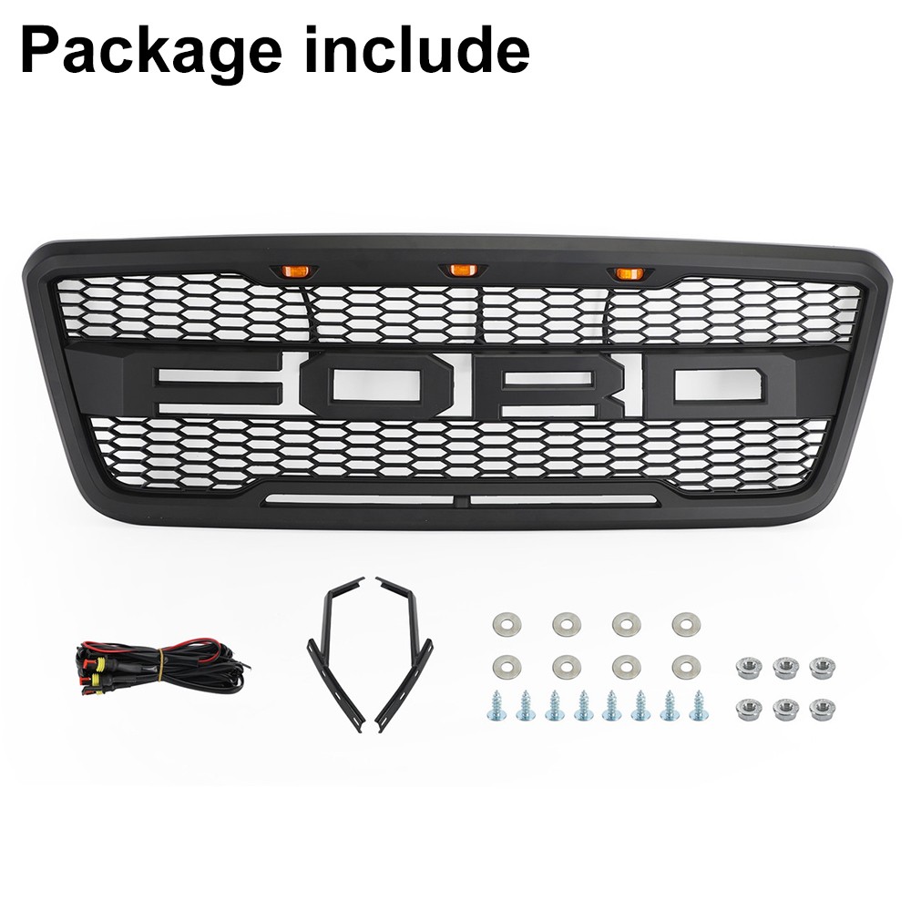 Front Grille For 2004-2008 Ford F150 Raptor Style W/3LEDs W/Letters Matte Black
