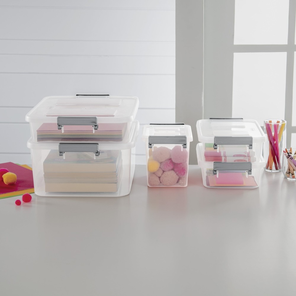 (4 pack) Sterilite 6.2 Quart Modular Latch Box, Clear Plastic Storage Box, Gray